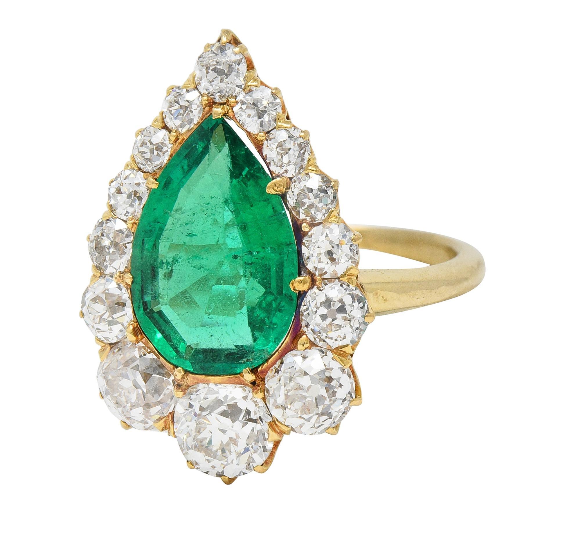 Late Victorian 5.34 CTW Pear Colombian Emerald Diamond 18 Karat Gold Ring AGL For Sale 1