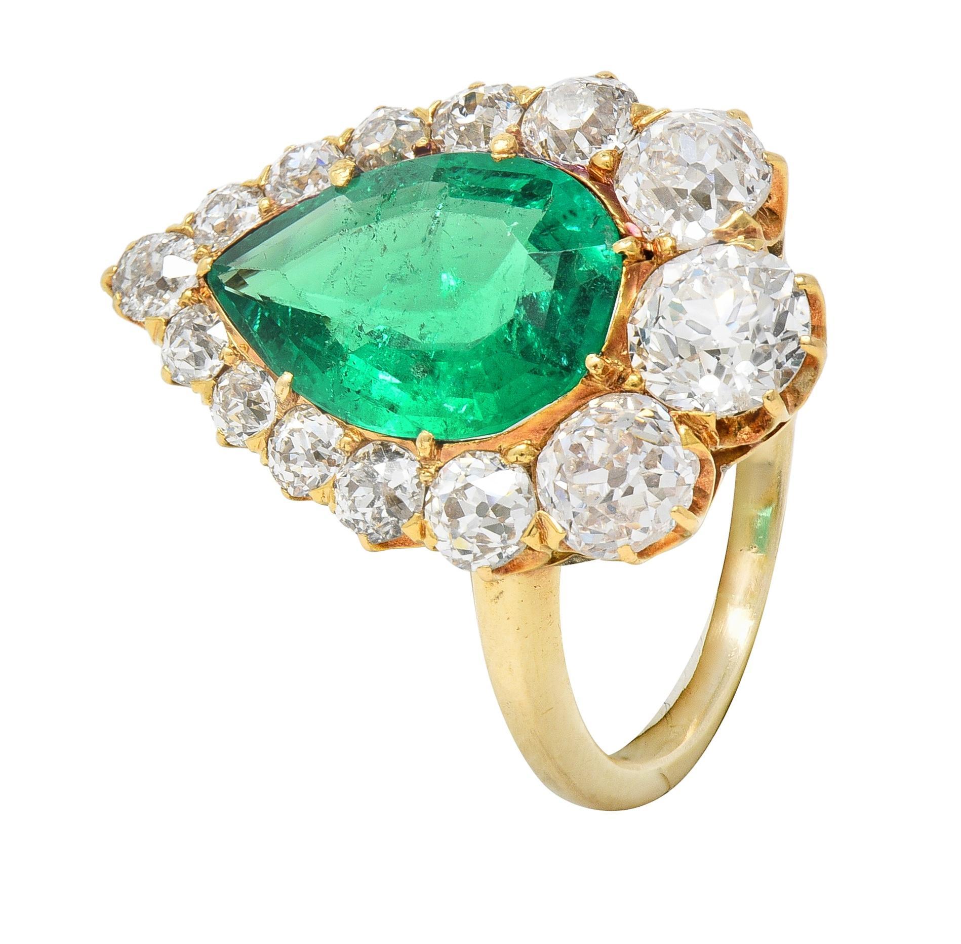 Late Victorian 5.34 CTW Pear Colombian Emerald Diamond 18 Karat Gold Ring AGL For Sale 2