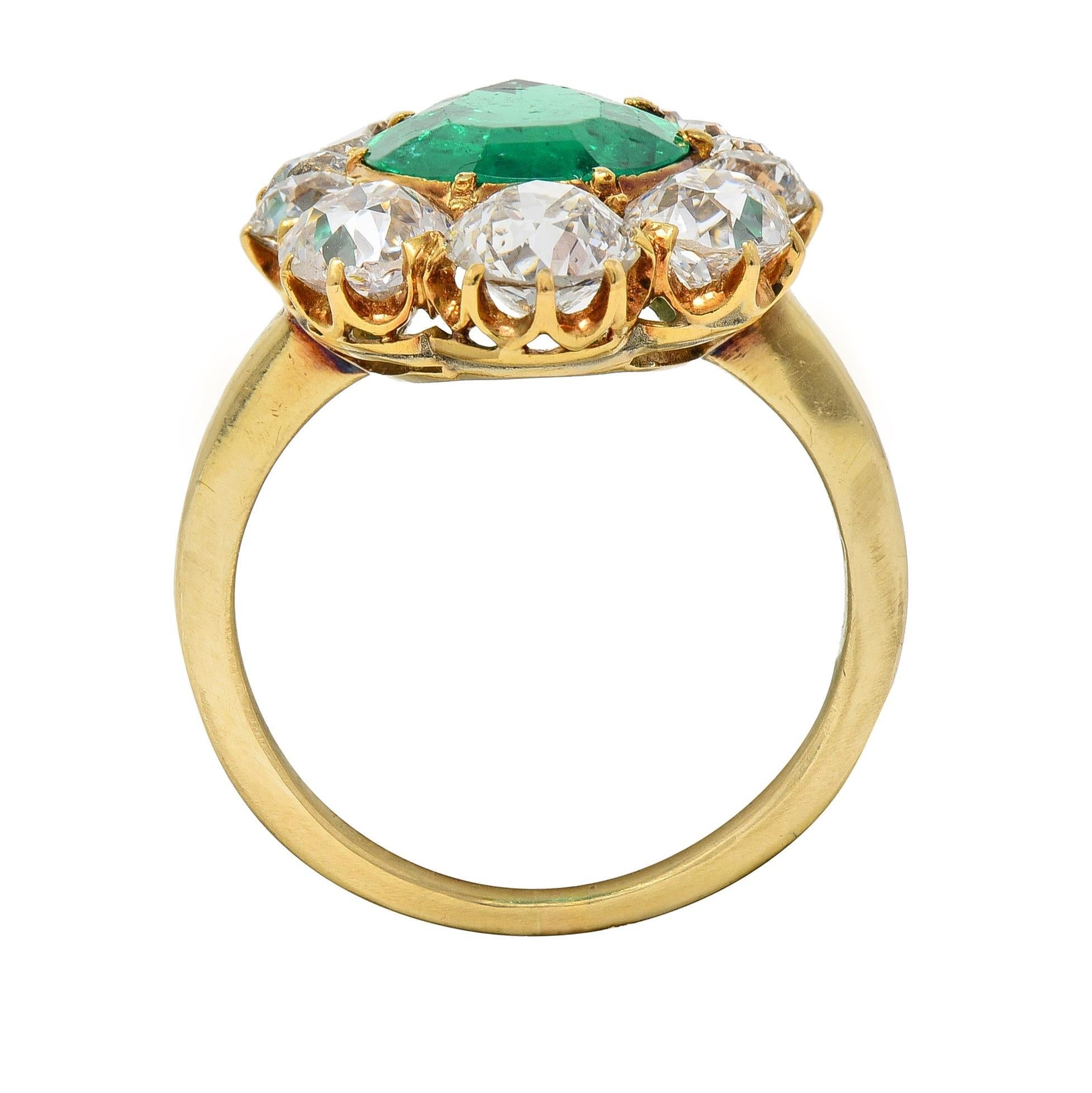 Late Victorian 5.34 CTW Pear Colombian Emerald Diamond 18 Karat Gold Ring AGL For Sale 3