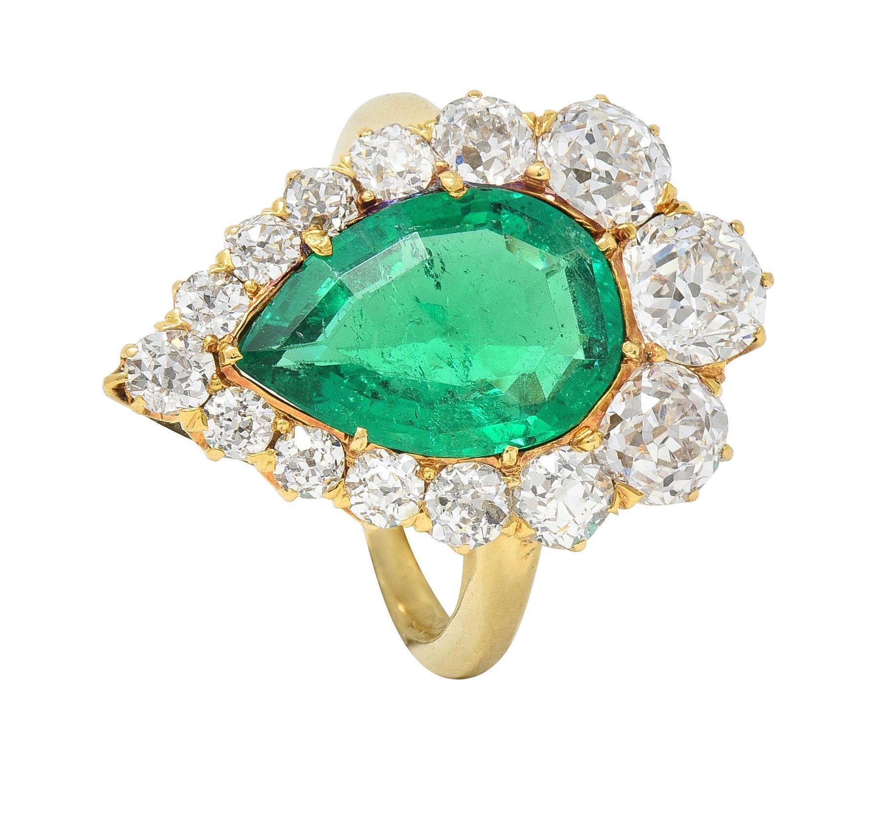 Late Victorian 5.34 CTW Pear Colombian Emerald Diamond 18 Karat Gold Ring AGL For Sale 4