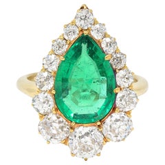 Vintage Late Victorian 5.34 CTW Pear Colombian Emerald Diamond 18 Karat Gold Ring AGL