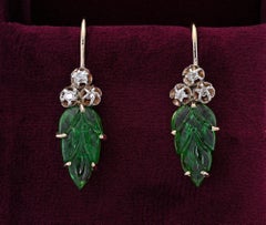 Victorian Style 9.00 Ct Leaf Carved Green Garnet Diamond Drop Earrings