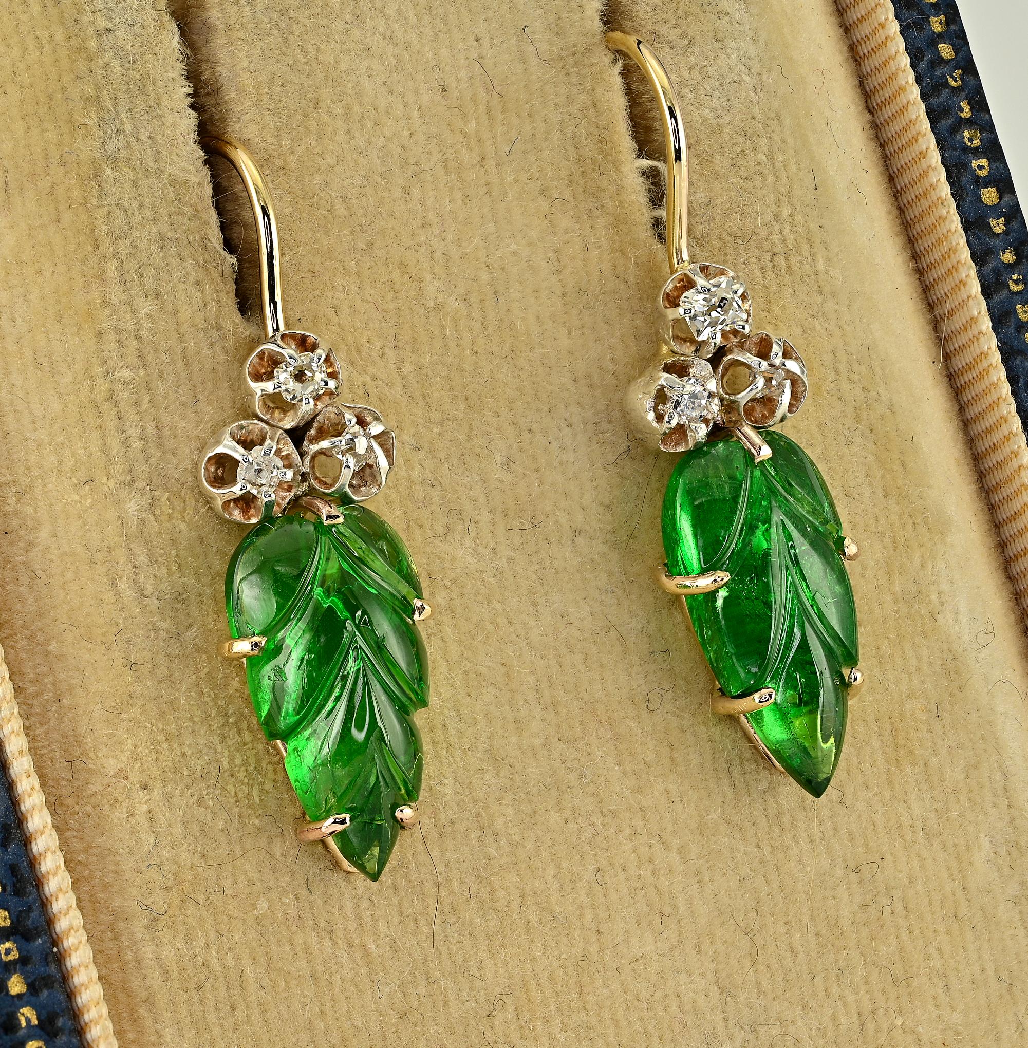 Late Victorian Victorian Style 9.00 Ct Leaf Carved Green Garnet Diamond Drop Earrings  For Sale