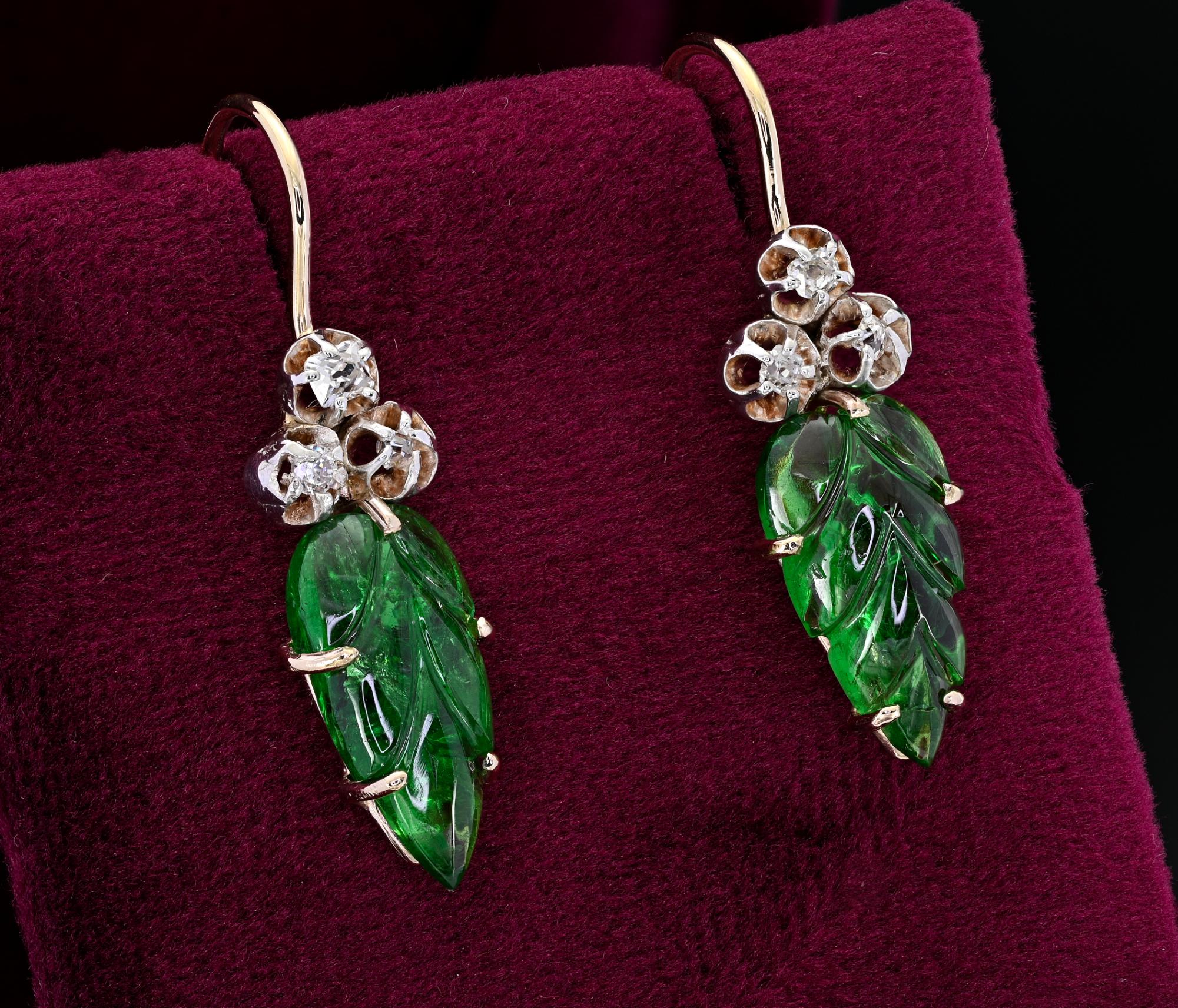 Old Mine Cut Victorian Style 9.00 Ct Leaf Carved Green Garnet Diamond Drop Earrings  For Sale