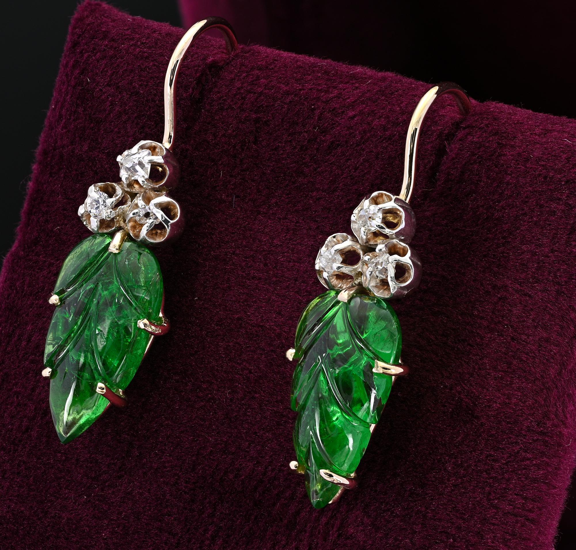 Women's Victorian Style 9.00 Ct Leaf Carved Green Garnet Diamond Drop Earrings  For Sale