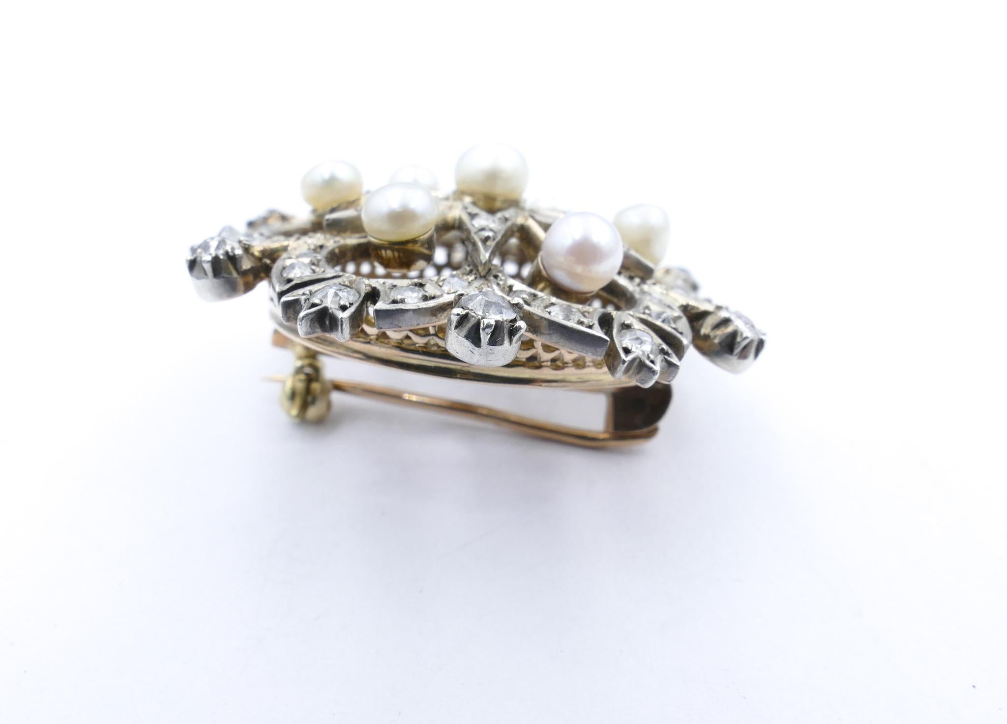 Late Victorian 9ct Rose & White Gold Pearl & Diamond Snow Flake Pendant/ Brooch In Good Condition In Splitter's Creek, NSW