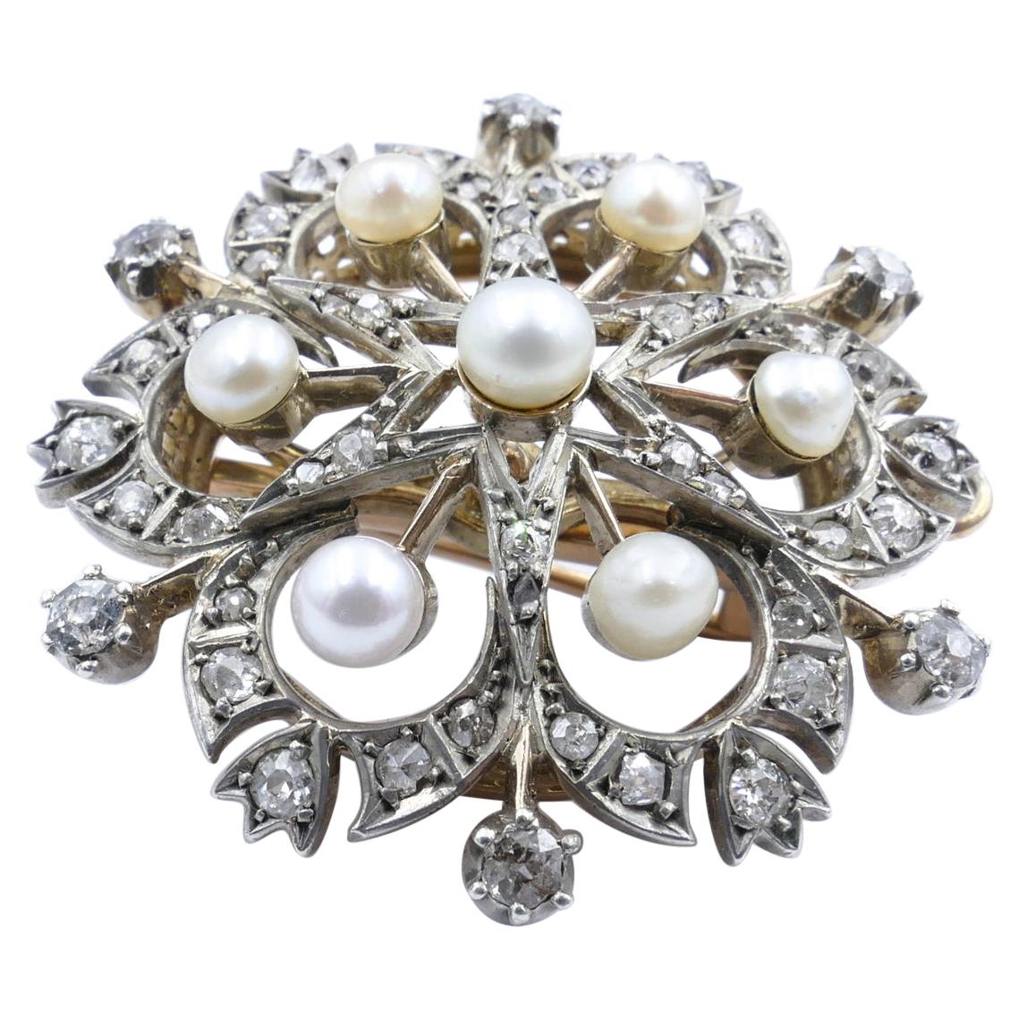 Late Victorian 9ct Rose & White Gold Pearl & Diamond Snow Flake Pendant/ Brooch
