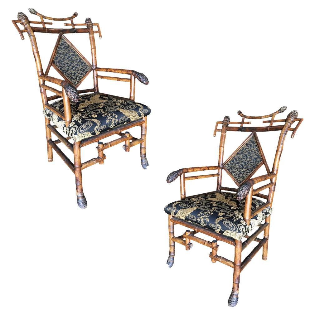 Late Victorian Aesthetic Movement Bamboo Chippendale Salon Chairs, Pair