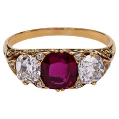 Late Victorian AGL Burma No Heat Ruby Diamond 18k Yellow Gold Three Stone Ring