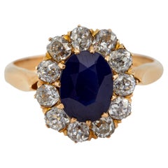 Late Victorian AGL Cambodian Sapphire and Diamond 18k Yellow Gold Cluster Ring