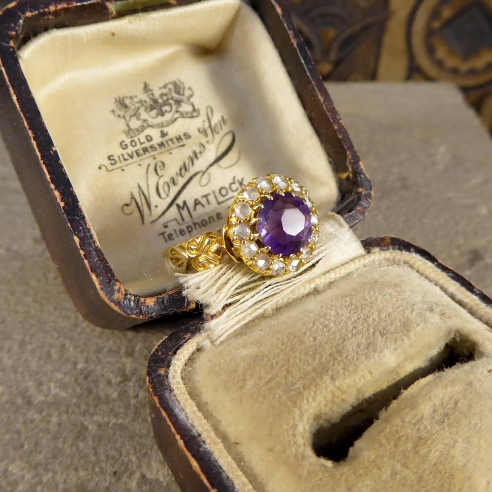 Late Victorian Amethyst Diamond 18 Carat Yellow Gold Cluster Ring 6