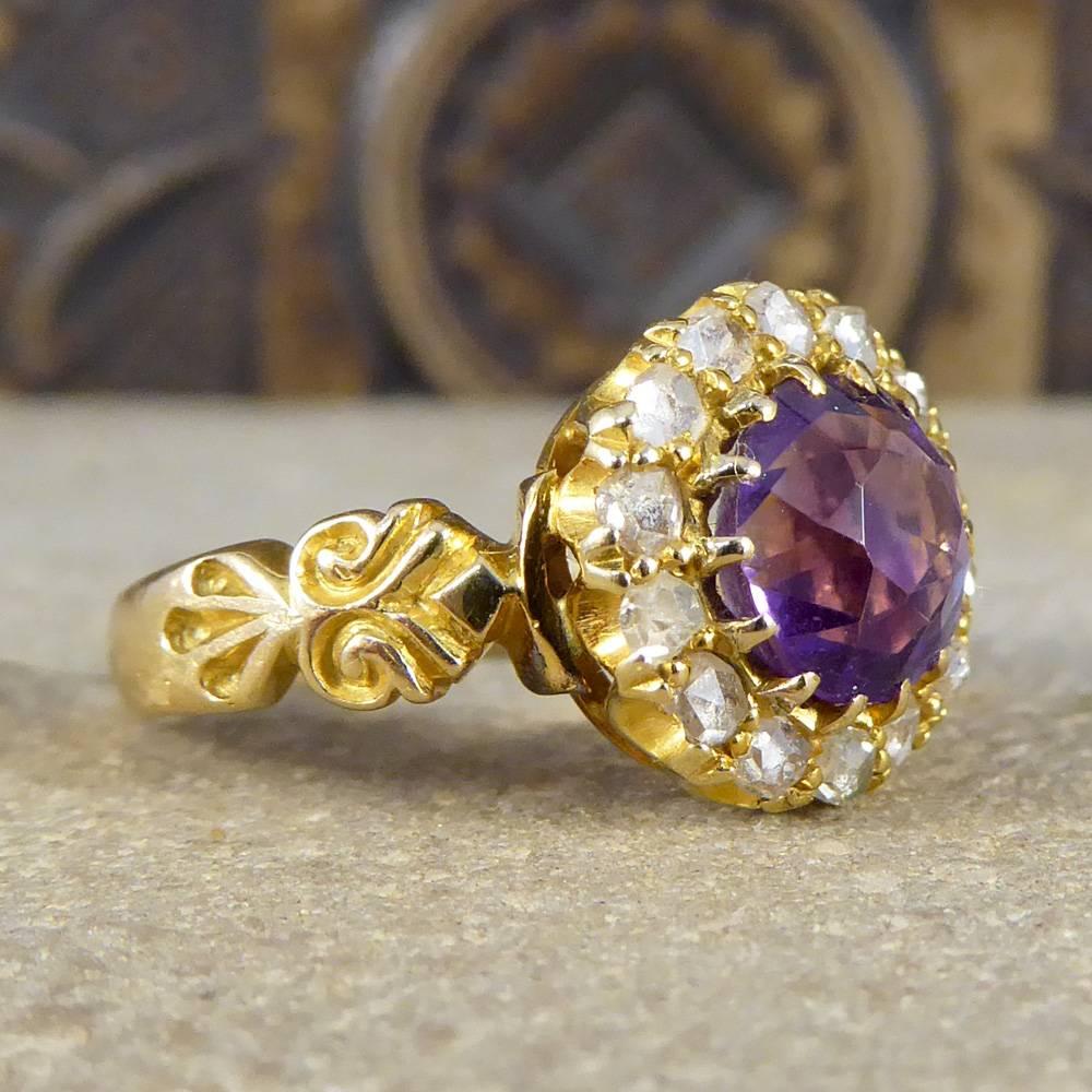 Featuring a lovely Amethyst gemstone and held into place with a 14 claw setting, this gorgeous antique ring was crafted in the Late Victorian era. Surrounding the Amethyst stone sits 14 Rose Cut Diamonds adding sparkle to this piece. With exquisite