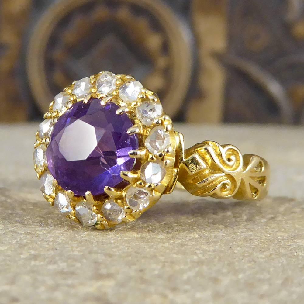 Late Victorian Amethyst Diamond 18 Carat Yellow Gold Cluster Ring 1