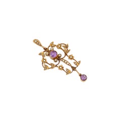Late Victorian Amethyst & Seed Pearl 9 Carat Yellow Gold Lavaliere Style Pendant