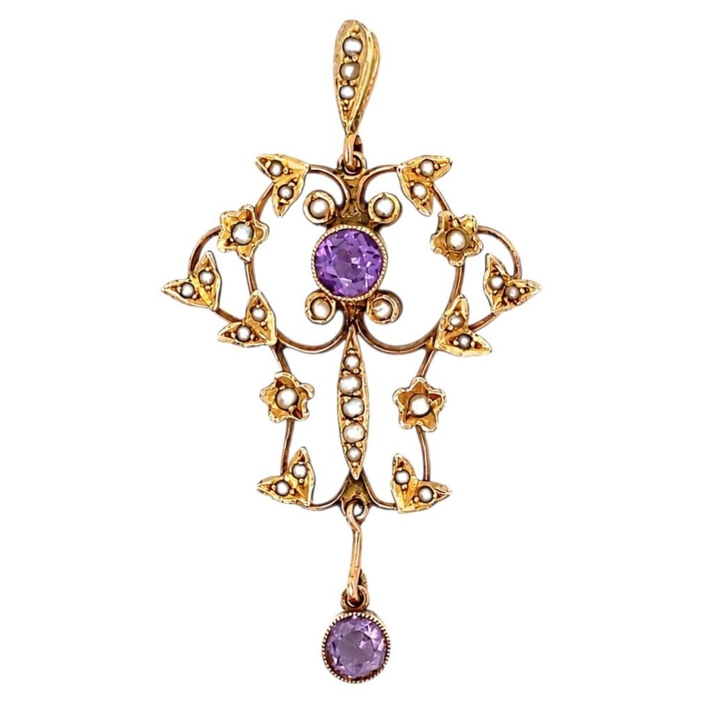 Pendentif de style lavallière en or jaune 9 carats avec améthyste et perles de rocaille de la fin de l'époque victorienne
