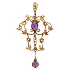 Late Victorian Amethyst & Seed Pearl 9 Carat Yellow Gold Lavaliere Style Pendant