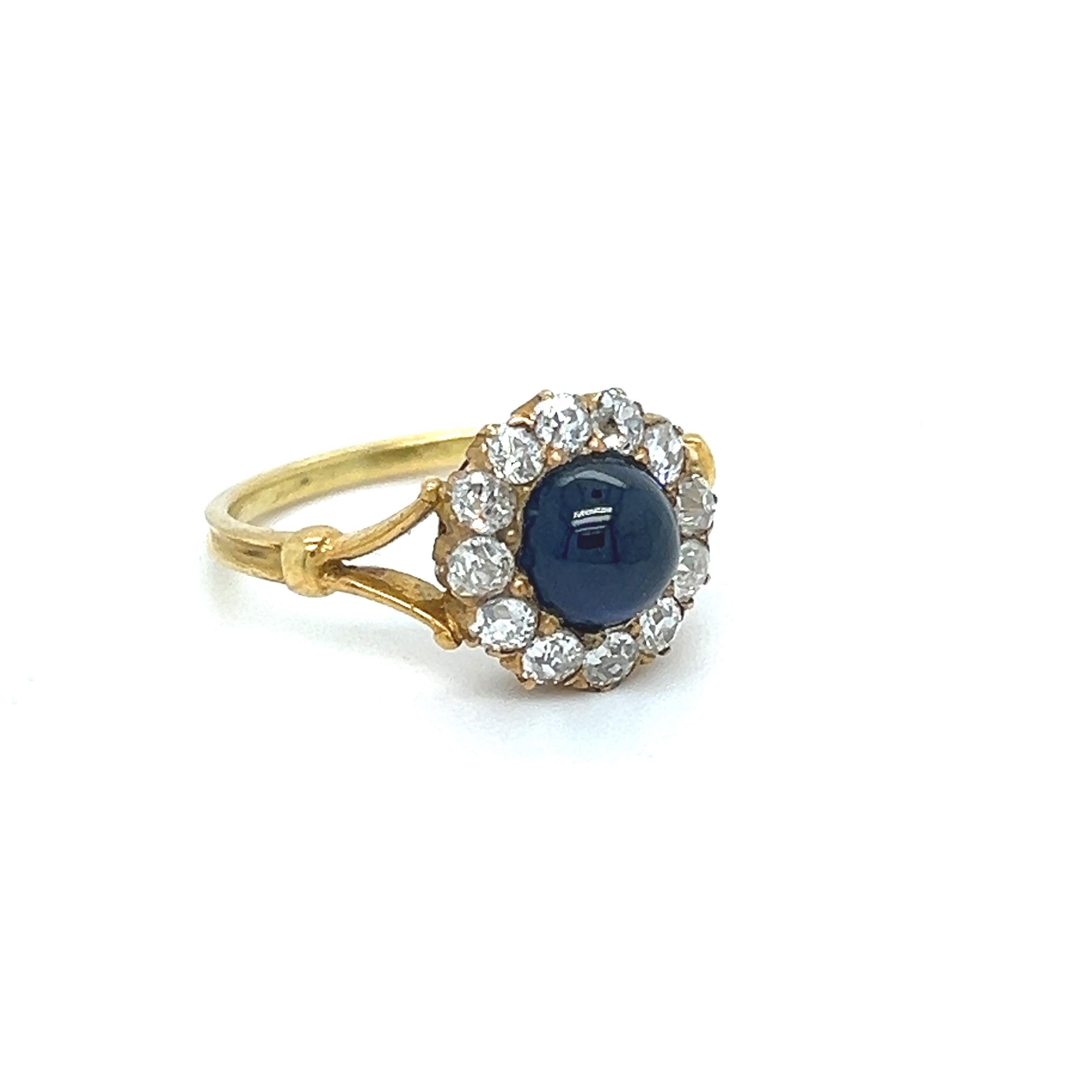 I LOVE the Cabochon Cut, so I find this Late Victorian Diamond and Sapphire Cabochon Ring just stunning. Crafted in 18K Yellow Gold, the ring features a sapphire center, a diamond halo surround, and a lovely split and fluted shank. In the center,