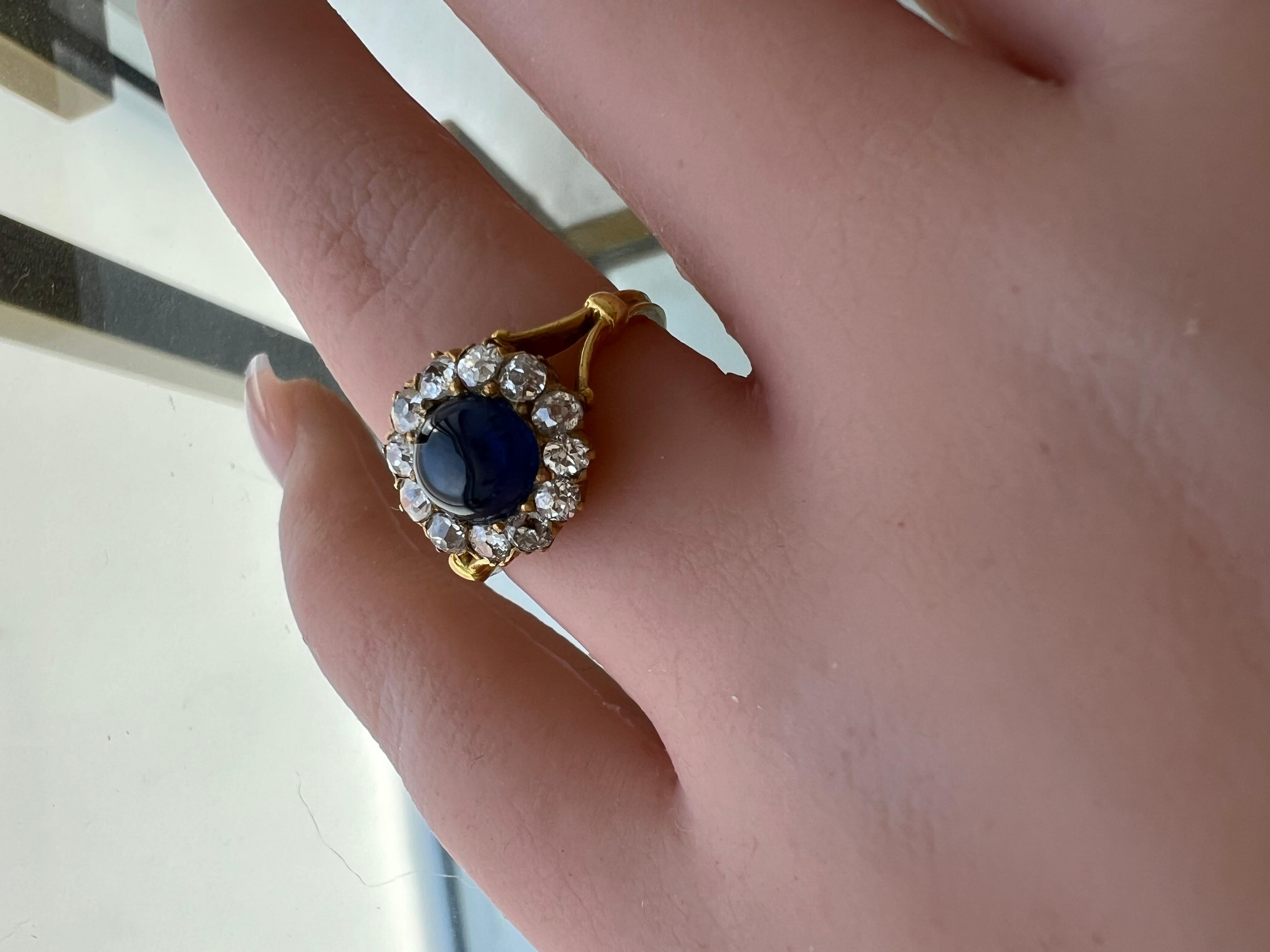 Late Victorian Antique 18K Yellow Gold Diamond and Sapphire Cabochon Ring - 1.85 For Sale 1