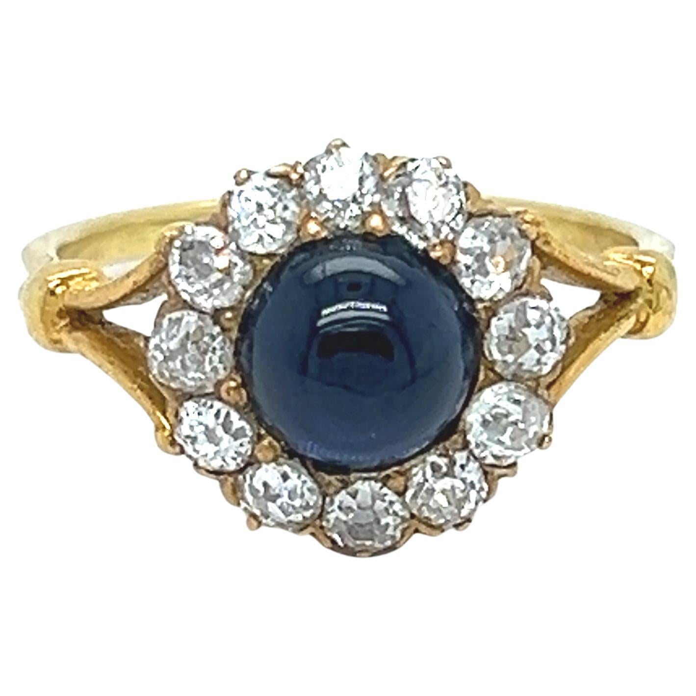 Late Victorian Antique 18K Yellow Gold Diamond and Sapphire Cabochon Ring - 1.85