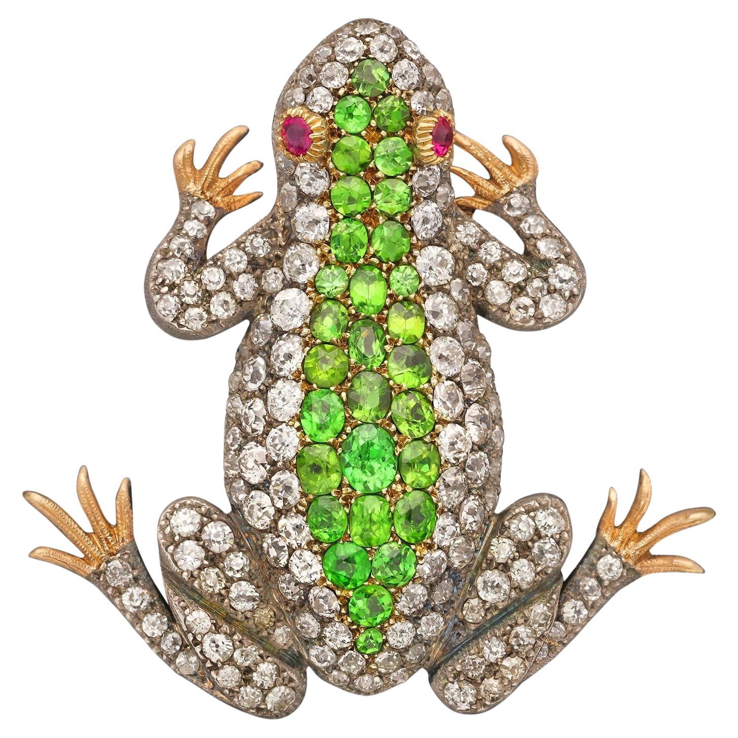 Late Victorian Antique Diamond and Demantoid Garnet Frog Brooch/Pendant Ca.1890