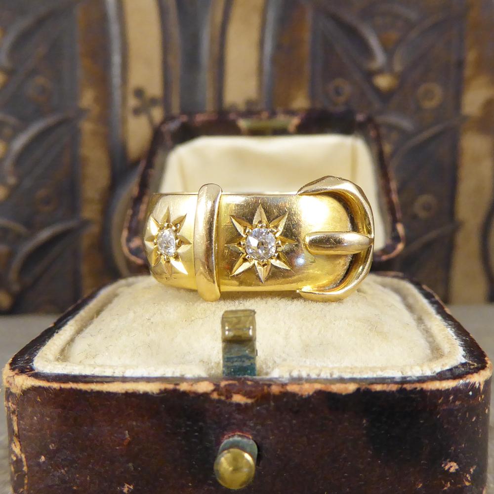 Late Victorian Antique Diamond Set Buckle Ring in 18 Carat Yellow Gold In Good Condition In Yorkshire, West Yorkshire