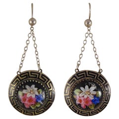 Late Victorian Antique Porcelain Flower Silver Earrings