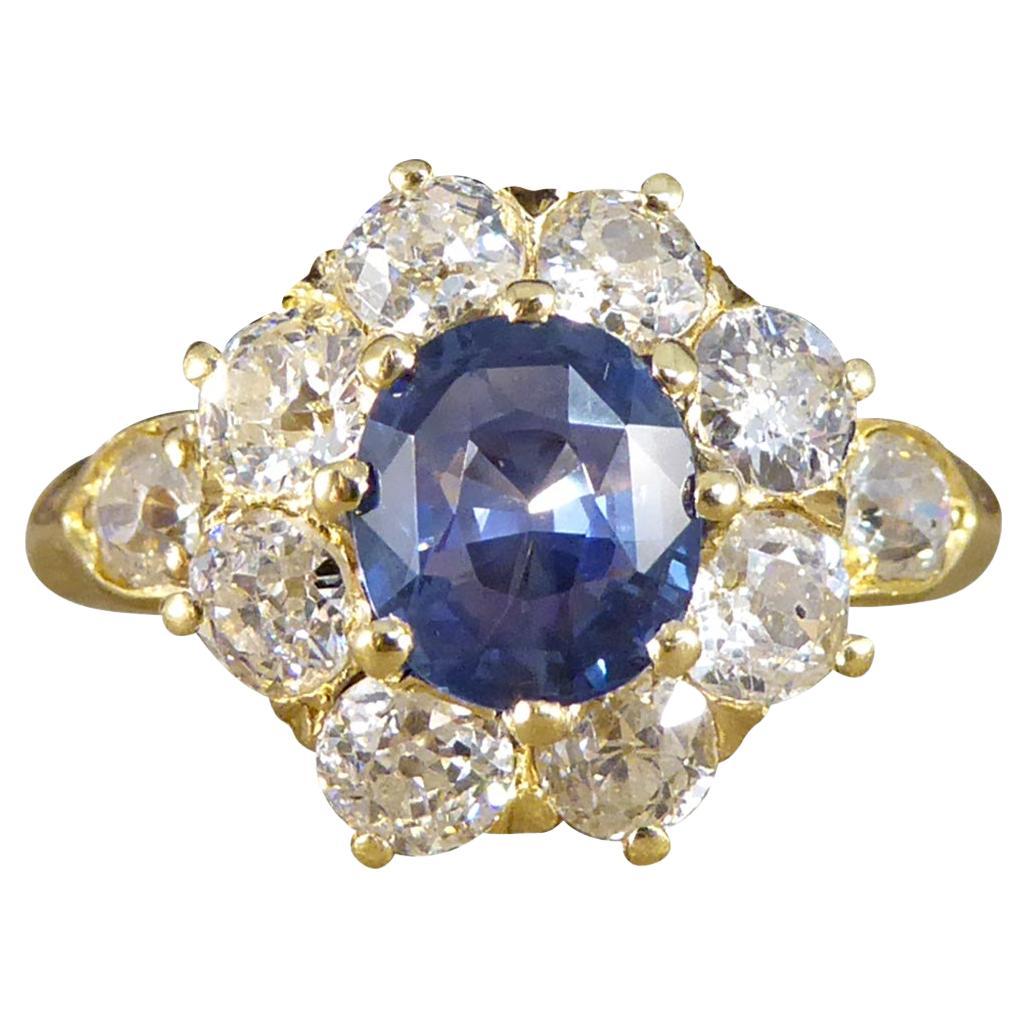 Late Victorian Antique Sapphire and Diamond Cluster Ring in 18ct Yellow Gold