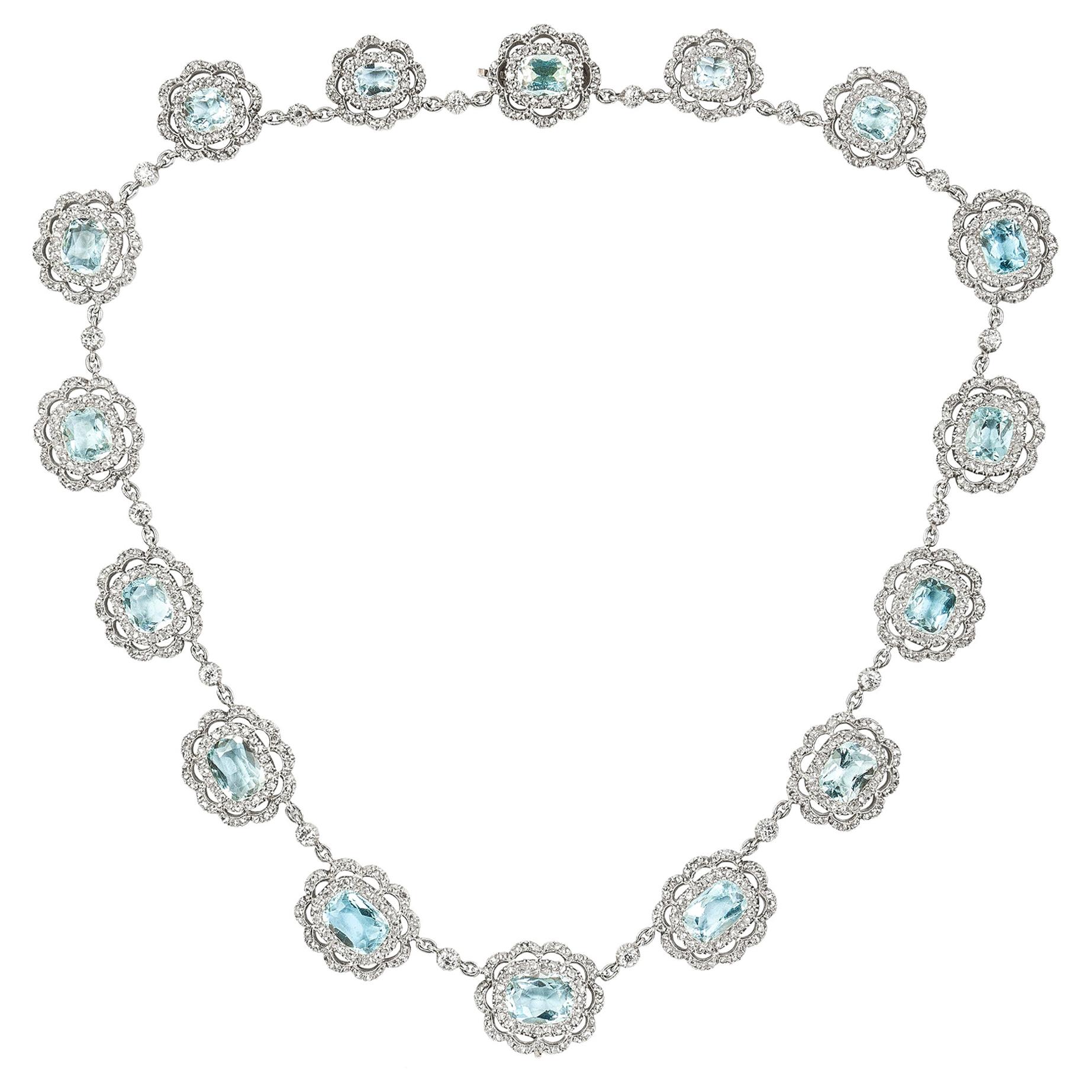 Late Victorian Aquamarine and Diamond Cluster Necklace