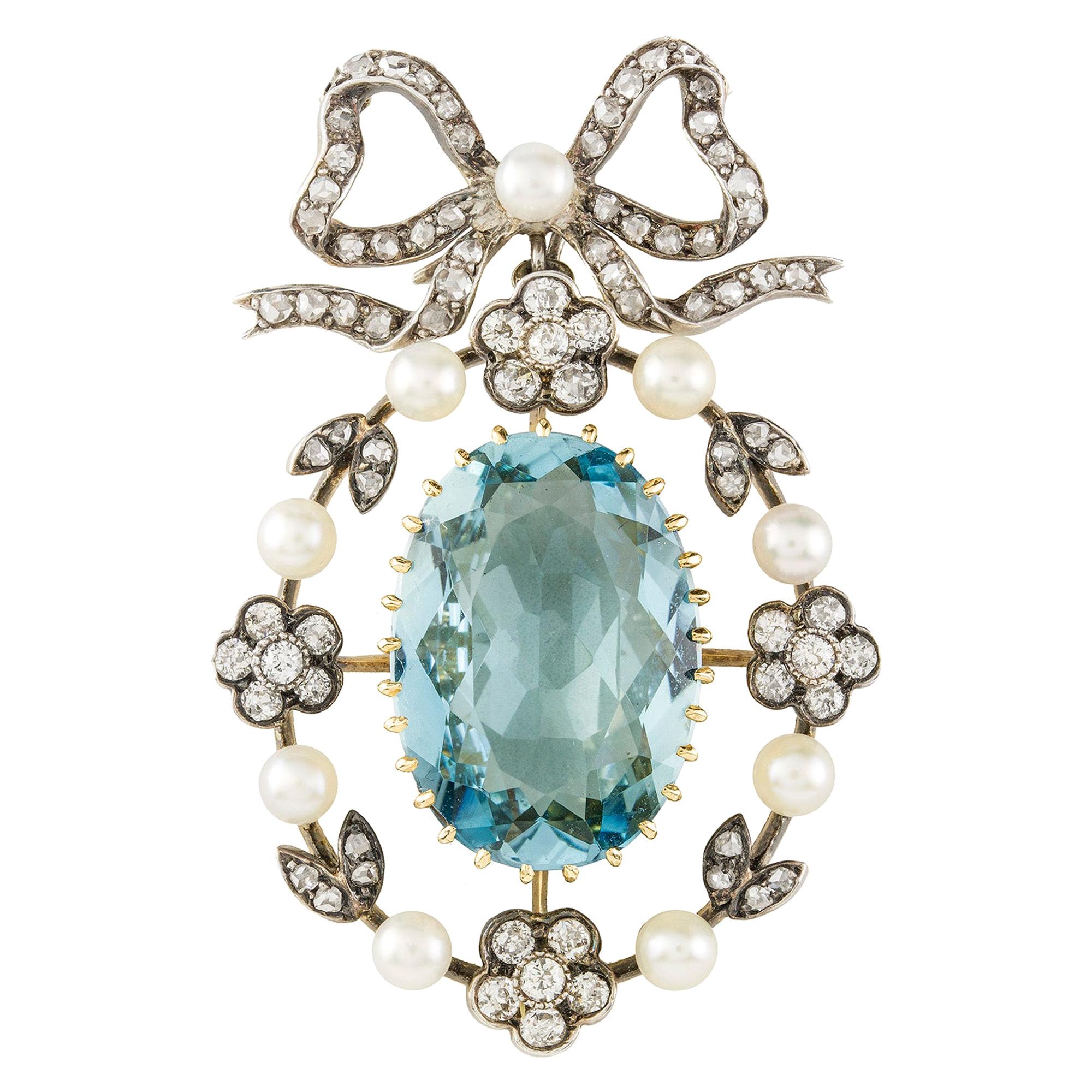 Late Victorian Aquamarine, Diamond and Pearl Pendant