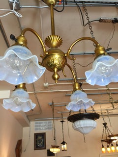 Late Victorian/ Art Nouveau 4-Arm Chandelier with 4 Blown Shades circa 1900