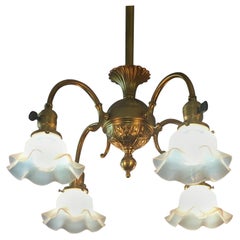 Late Victorian/ Art Nouveau 4-Arm Chandelier with 4 Blown Shades circa 1900