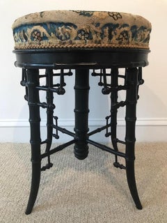 Late Victorian Bamboo Piano/Vanity Stool with Needlepoint, Originally Linda Horn