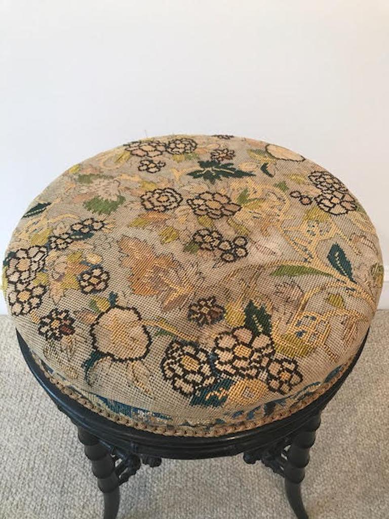 English Late Victorian Bamboo Piano/Vanity Stool with Needlepoint, Originally Linda Horn For Sale