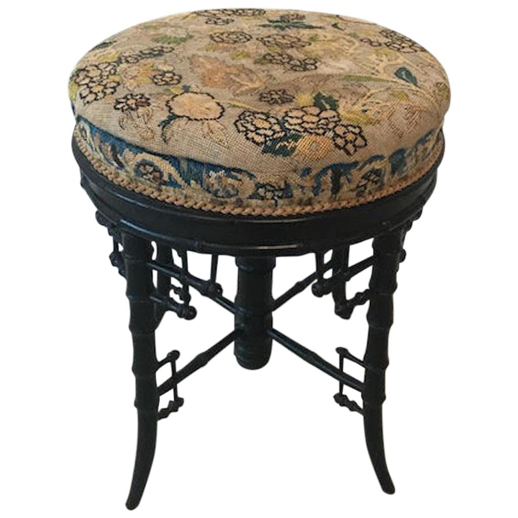 Late Victorian Bamboo Piano/Vanity Stool with Needlepoint, Originally Linda Horn For Sale