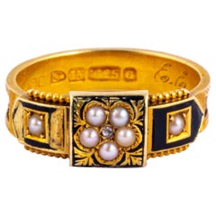Late Victorian Black Enamel and Pearl 15 Carat Gold Mourning Ring