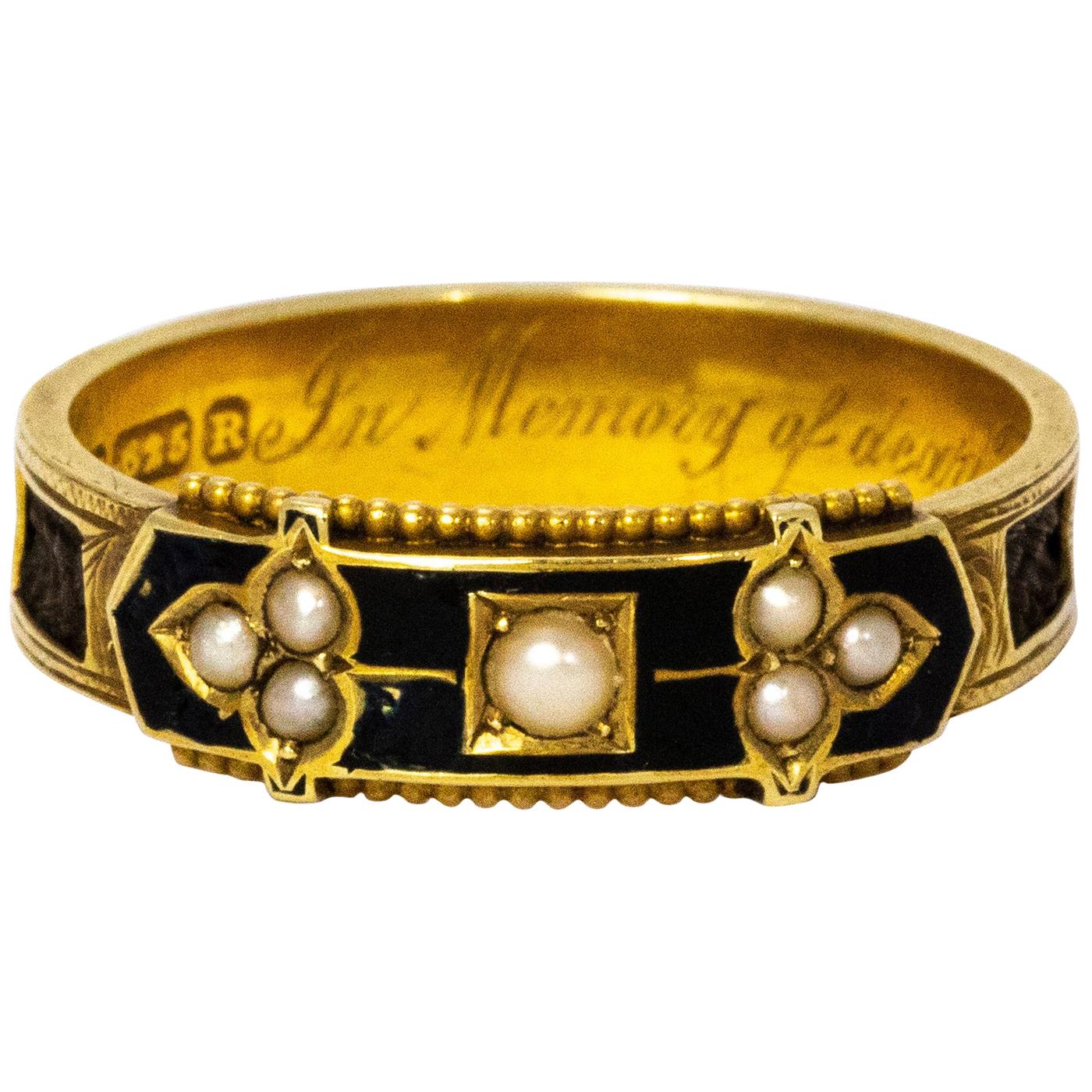 Late Victorian Black Enamel and Pearl 15 Karat Gold Mourning Ring