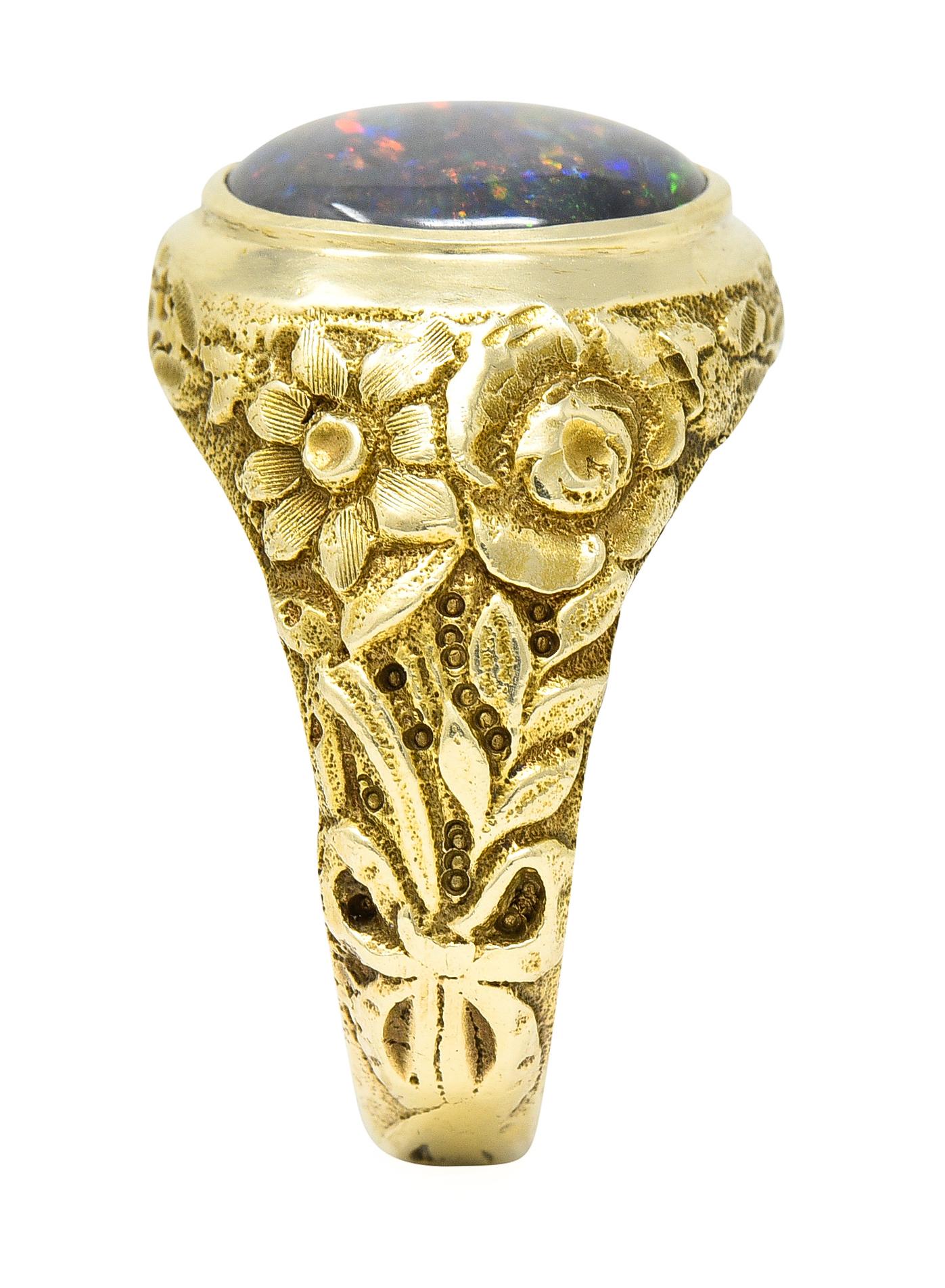 Late Victorian Black Opal 14 Karat Gold Unisex Floral Signet Ring For Sale 5
