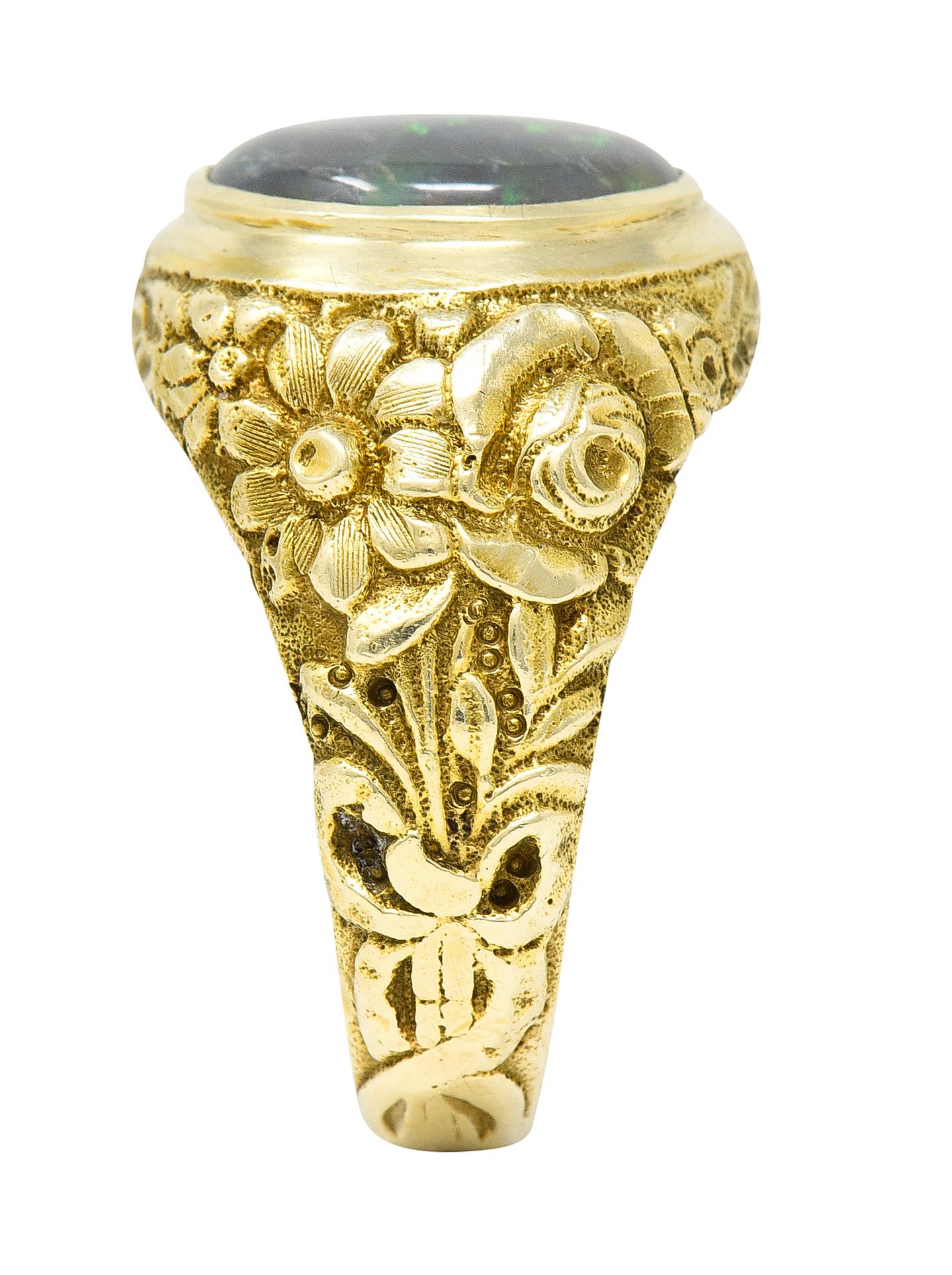 Late Victorian Black Opal 14 Karat Gold Unisex Floral Signet Ring For Sale 6
