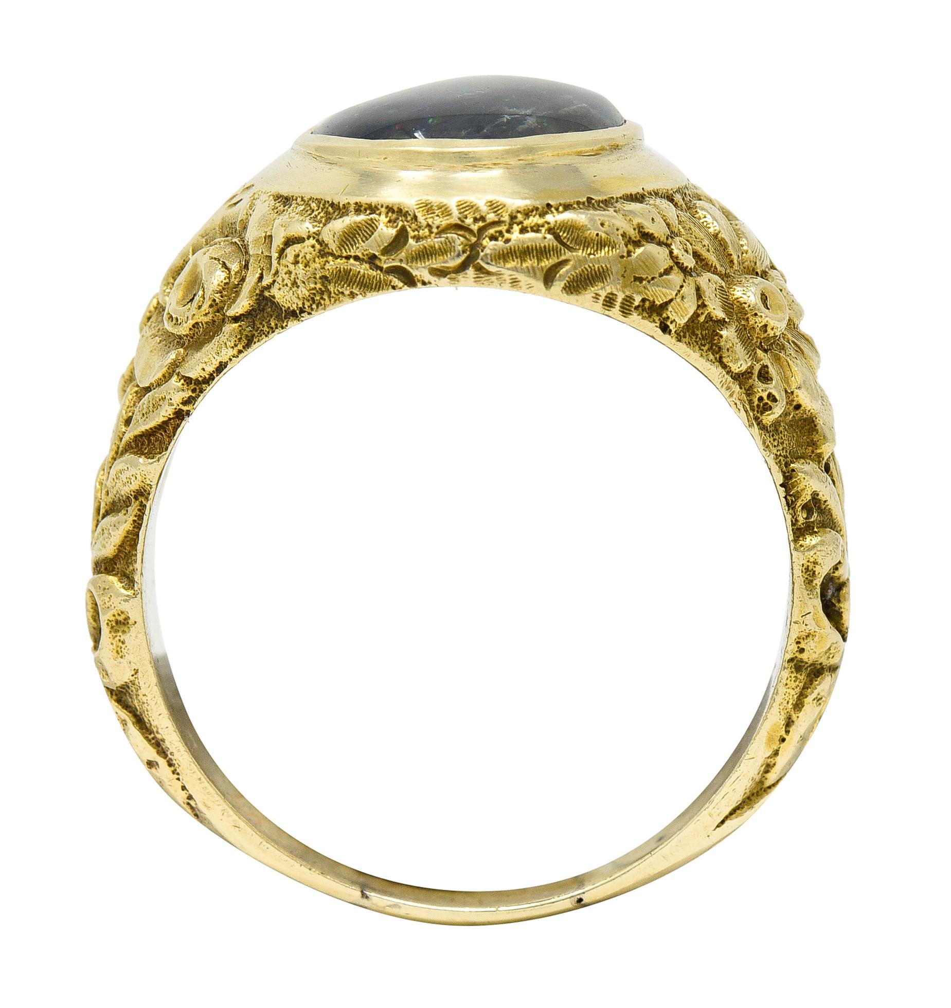 Late Victorian Black Opal 14 Karat Gold Unisex Floral Signet Ring For Sale 7