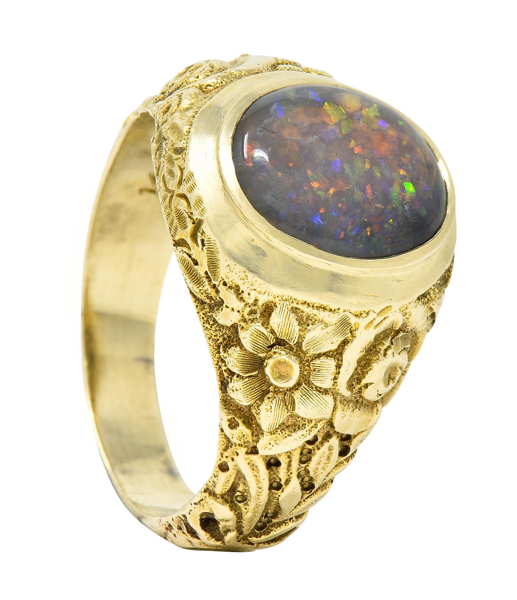 Late Victorian Black Opal 14 Karat Gold Unisex Floral Signet Ring For Sale 8