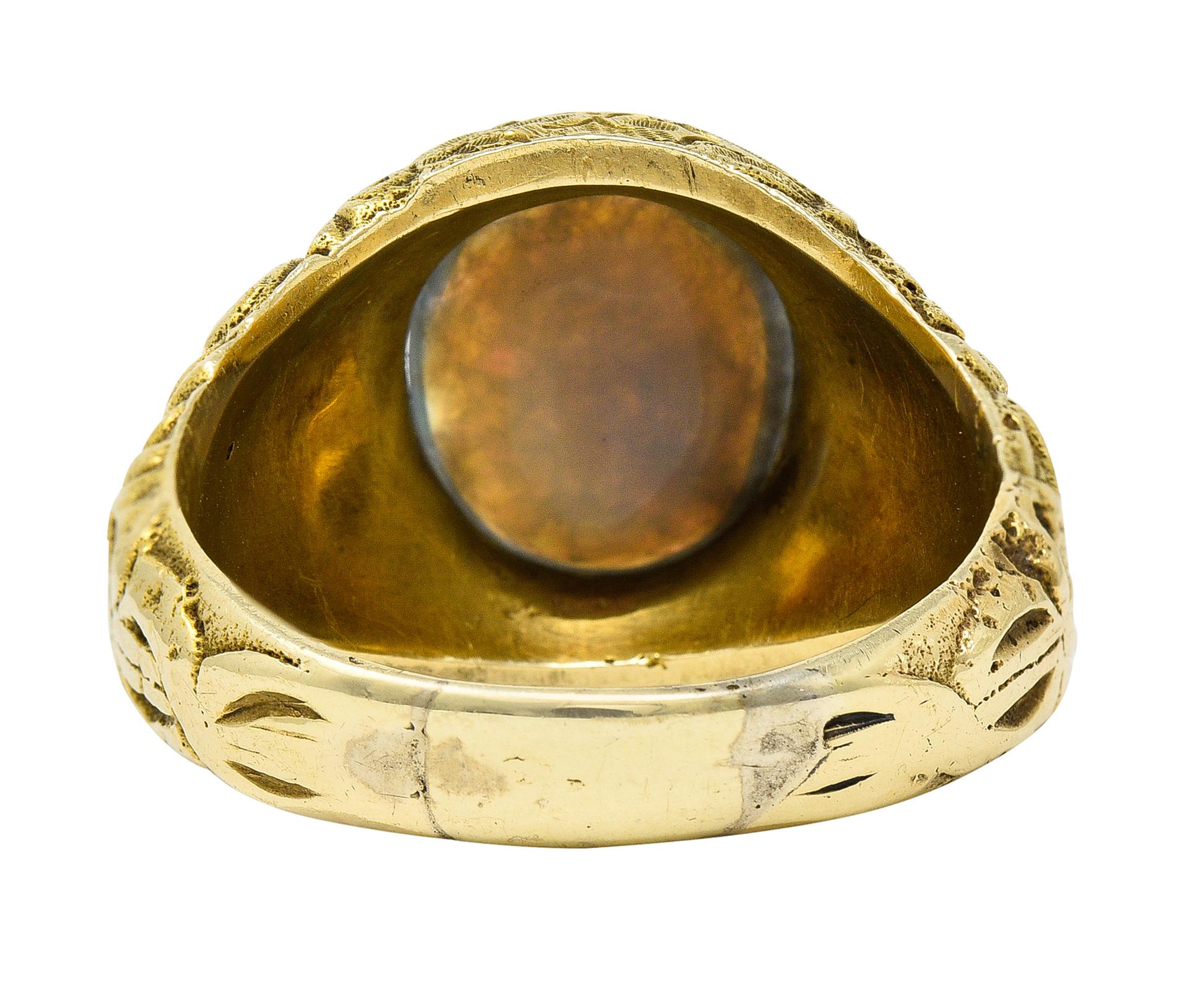 Oval Cut Late Victorian Black Opal 14 Karat Gold Unisex Floral Signet Ring For Sale