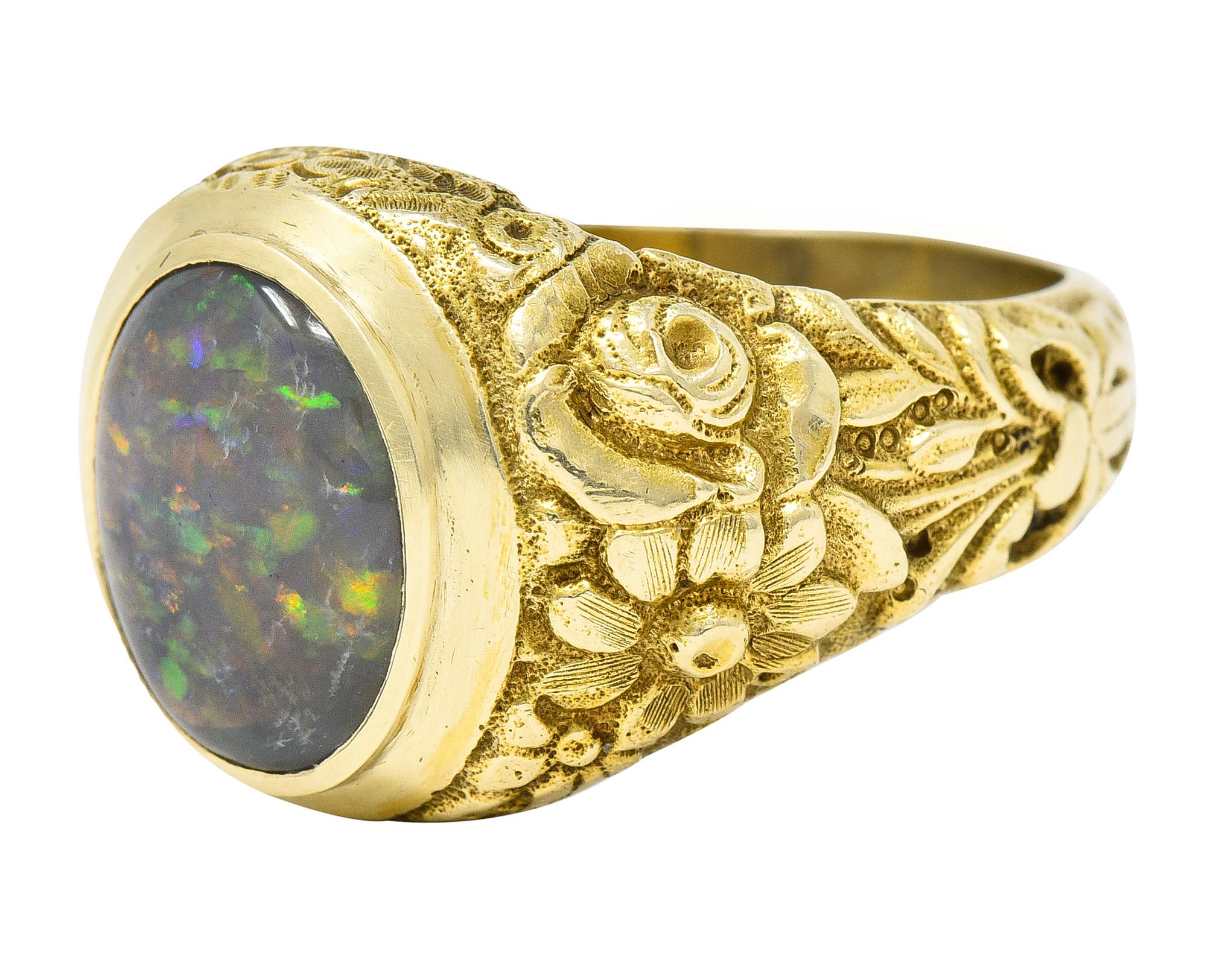 Late Victorian Black Opal 14 Karat Gold Unisex Floral Signet Ring For Sale 1