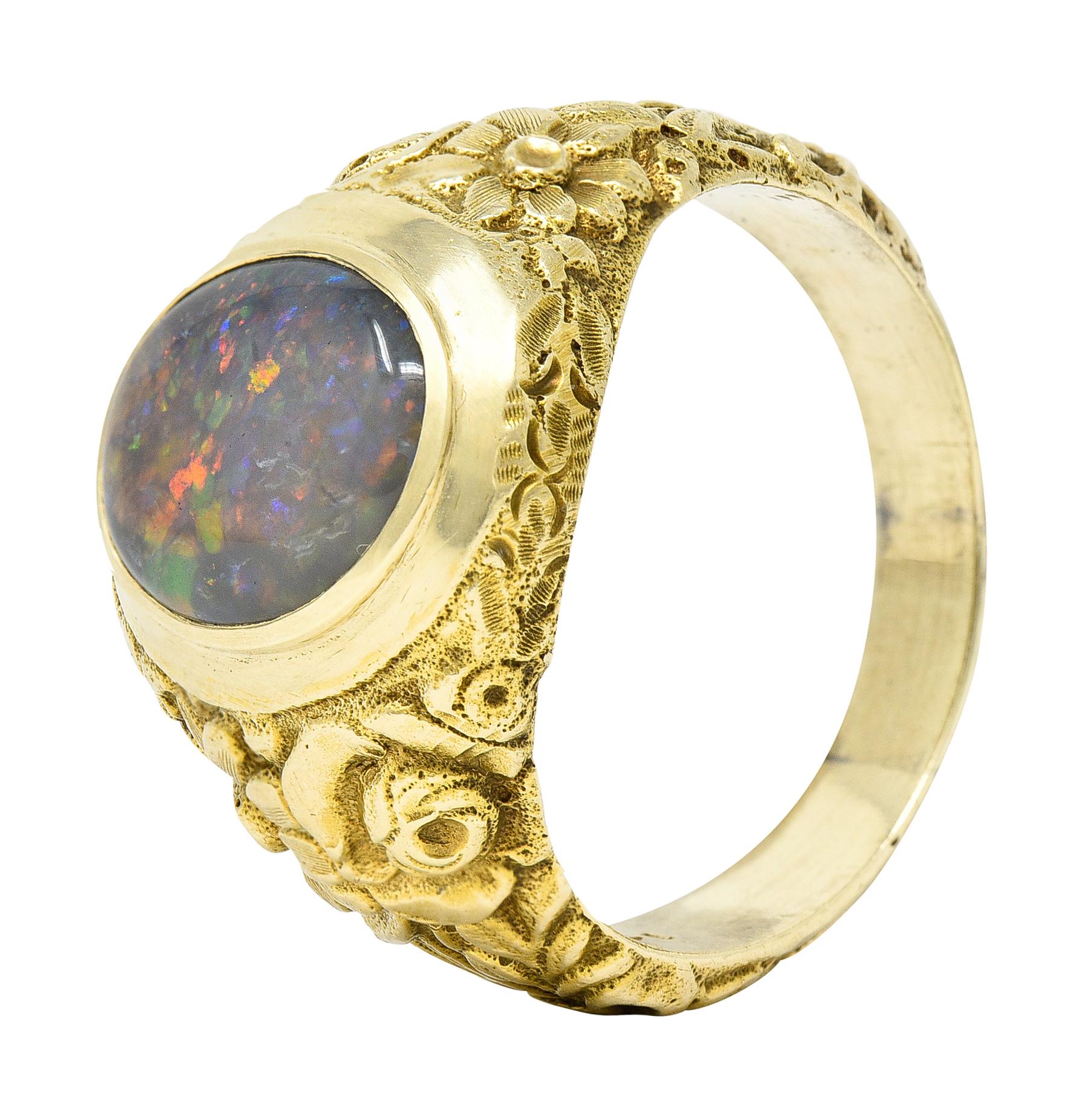 Late Victorian Black Opal 14 Karat Gold Unisex Floral Signet Ring For Sale 3