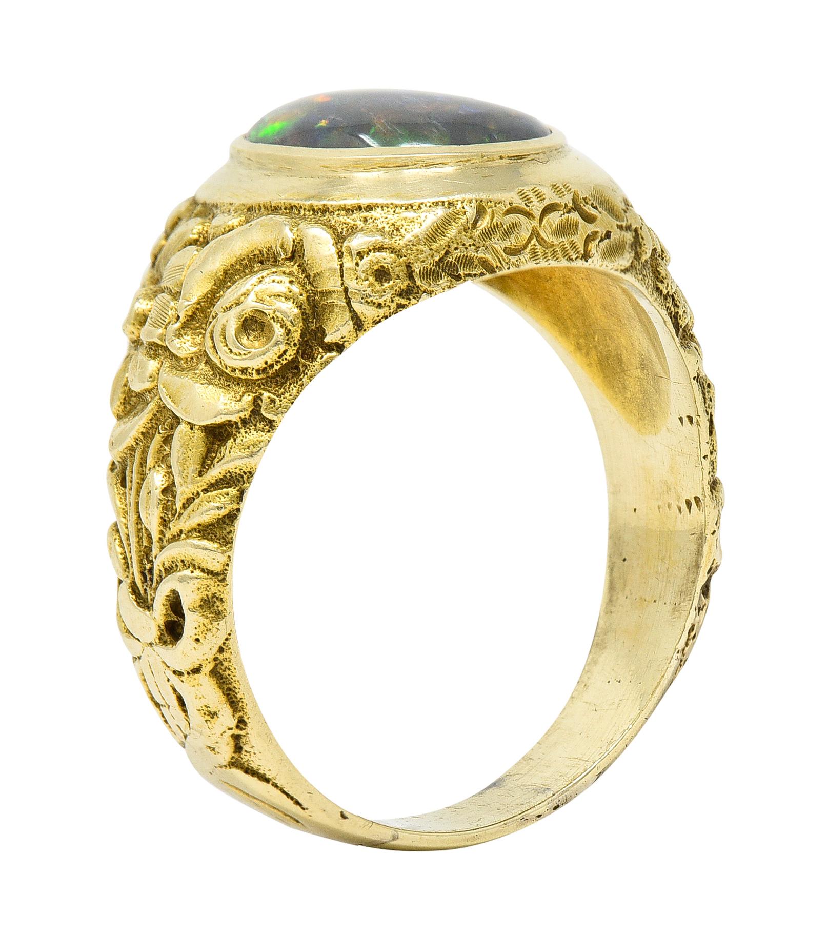 Late Victorian Black Opal 14 Karat Gold Unisex Floral Signet Ring For Sale 4