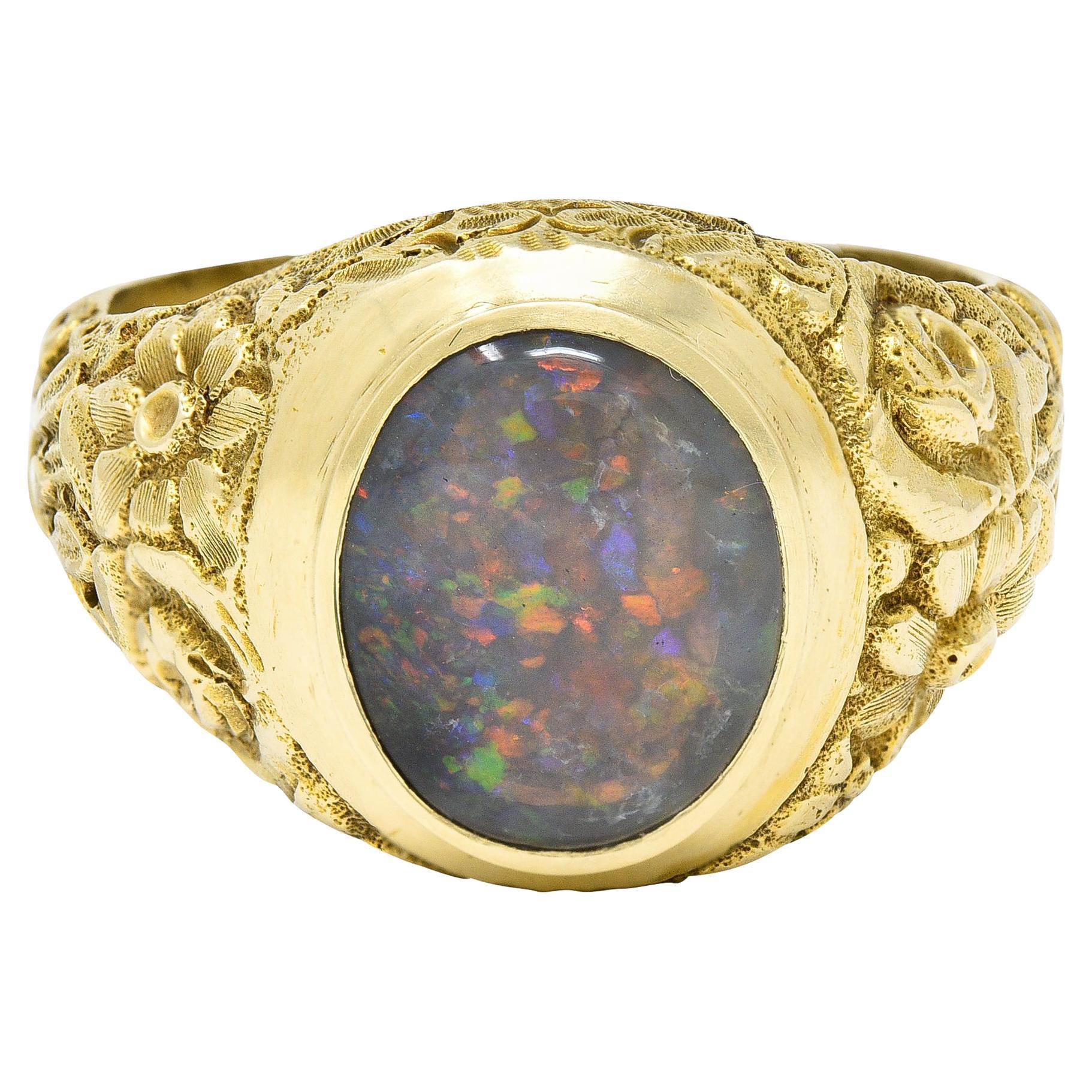 Late Victorian Black Opal 14 Karat Gold Unisex Floral Signet Ring For Sale