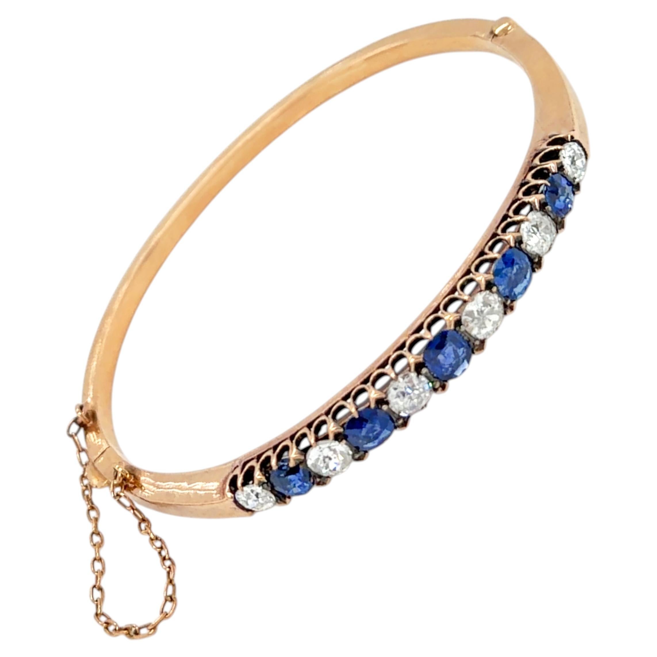 Bracciale tardo vittoriano in oro rosa 18 carati con zaffiro blu e diamanti taglio Od, 1880 ca.