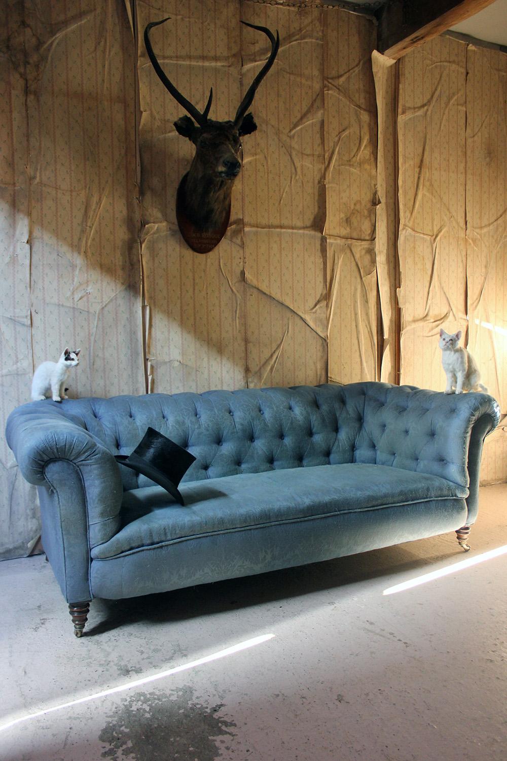 Late Victorian Blue Upholstered Button-Back Chesterfield Sofa, circa 1890 14