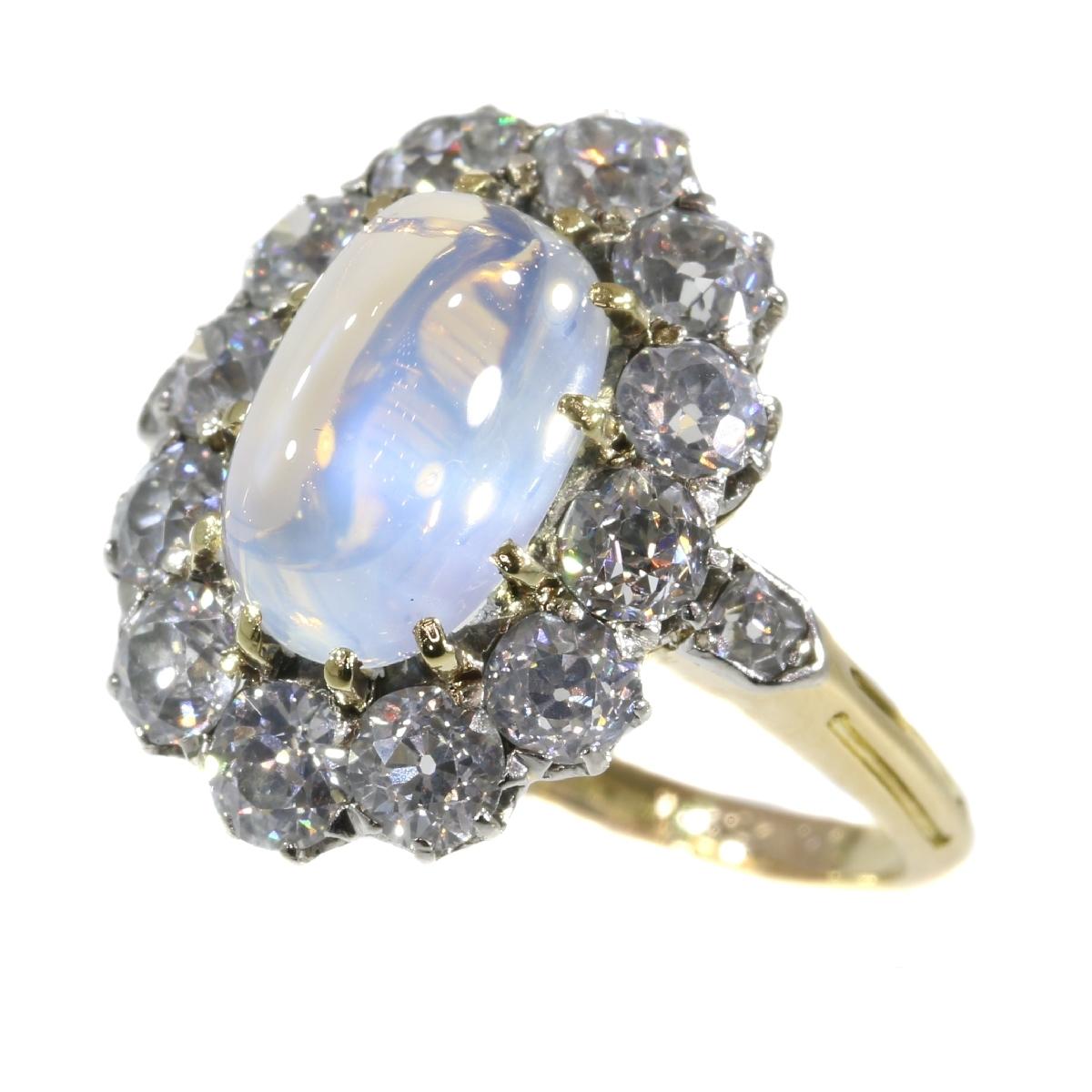 Late Victorian Bluish Moonstone '4.20 Carat' and Diamond '2.16' Carat Ring For Sale