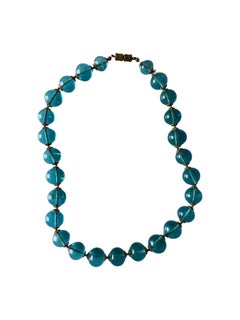 Late Victorian Bohemian Blue Glass Bead Necklace with Filigree Brass