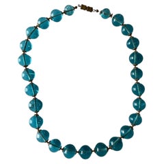 Late Victorian Bohemian Blue Glass Bead Necklace with Filigree Brass
